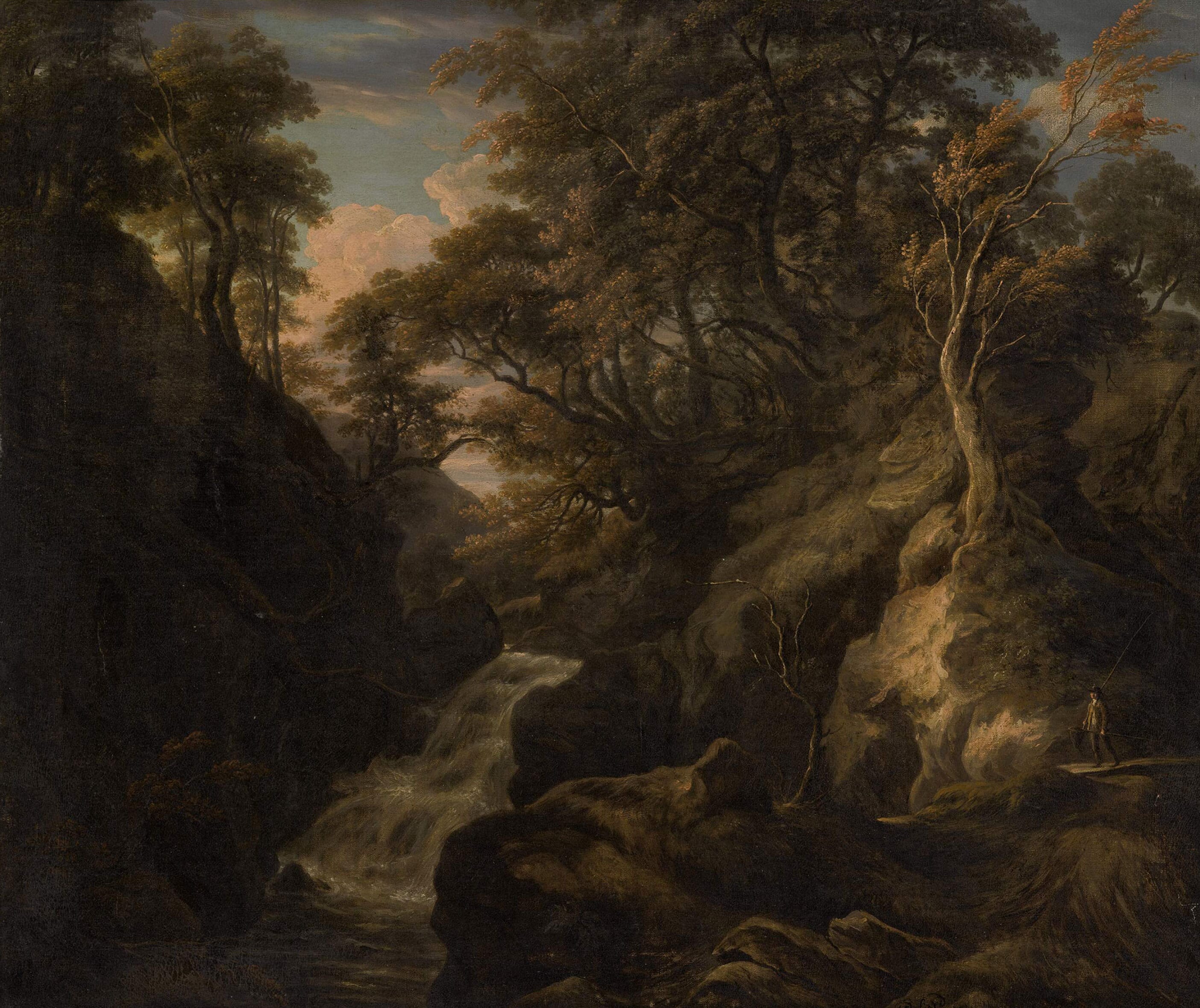 William Ashford - Fisherman by a Waterfall in a wooded Landscape